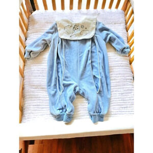 VTG Baby Blue One Piece Velor Romper Bib Collar Clouds Moon Embroidered Snap